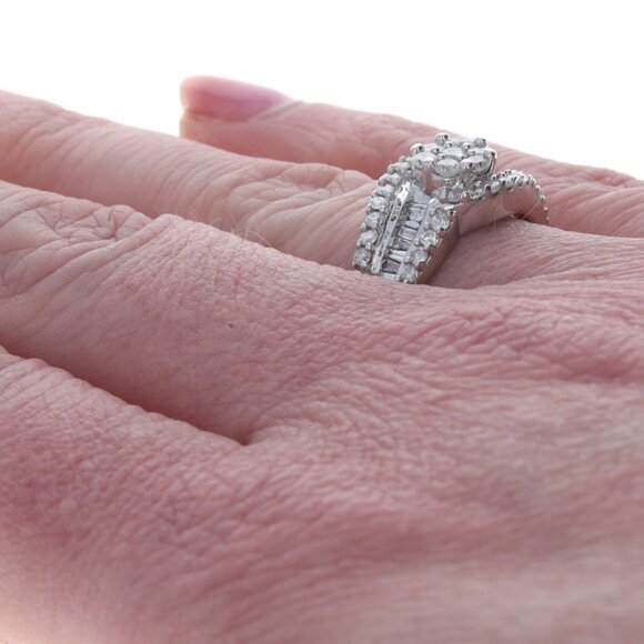 White Gold Diamond Cluster Cocktail Bypass Ring -10k Rd & Baguette 1.00ctw Swirl - Picture 4 of 6